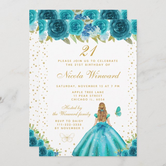Invitation Teal Floral Blonde Hair Princess Birthday Party (Devant / Derrière)