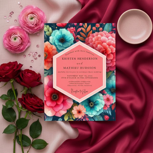 Invitation Teal Floral Bloom Romance Wedding (Créateur téléchargé)