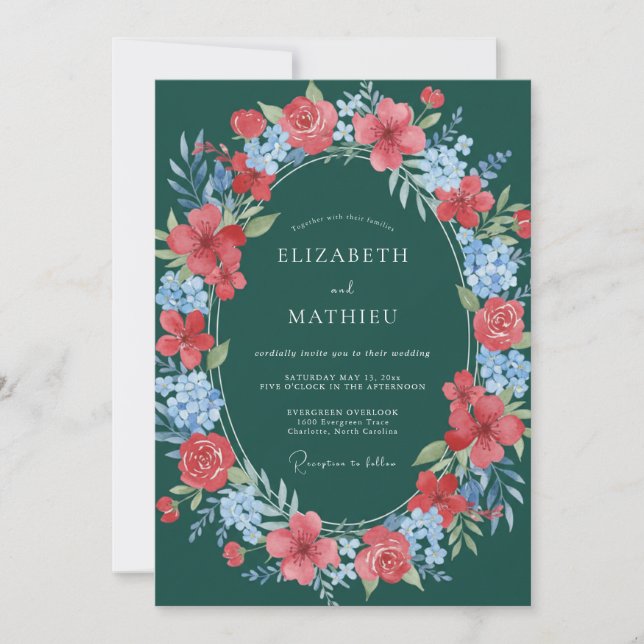 Invitation Teal Floral Blossom Wedding (Devant)
