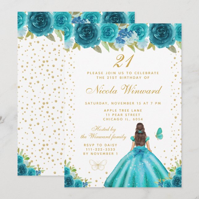 Invitation Teal Floral Brunette Hair Princess Birthday Party (Devant / Derrière)
