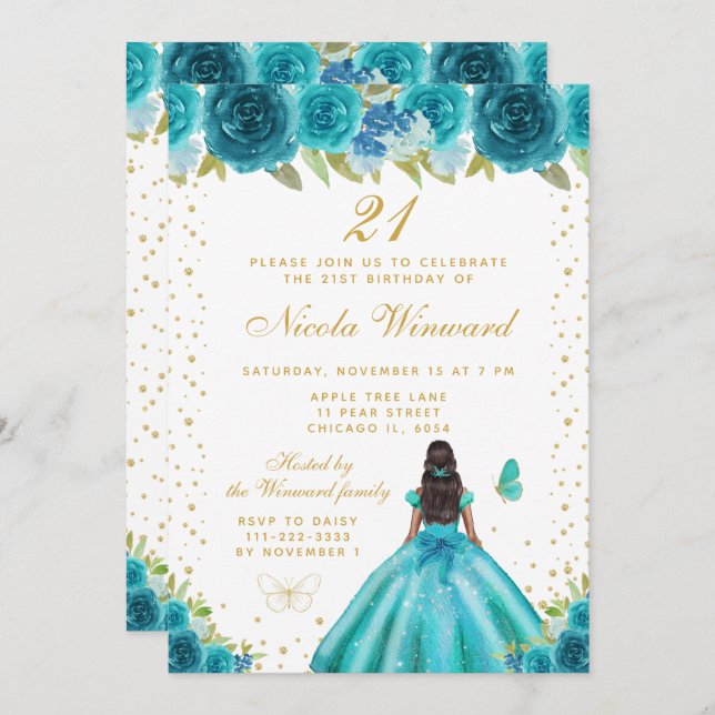 Invitation Teal Floral Dark Skin Princess Birthday Party (Devant / Derrière)