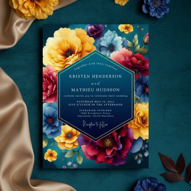 Invitation Teal Floral Luxe Wedding (Créateur téléchargé)