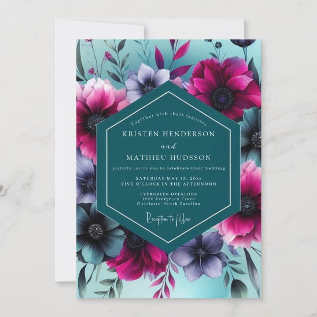 Invitation Teal Floral Whimsy Wedding (Devant)