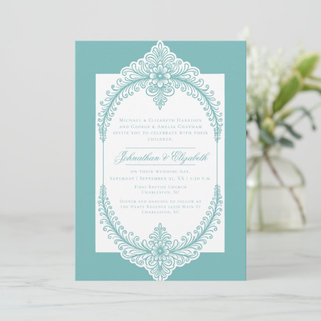 Invitation Teal French Flourish Frame Wedding (Debout devant)
