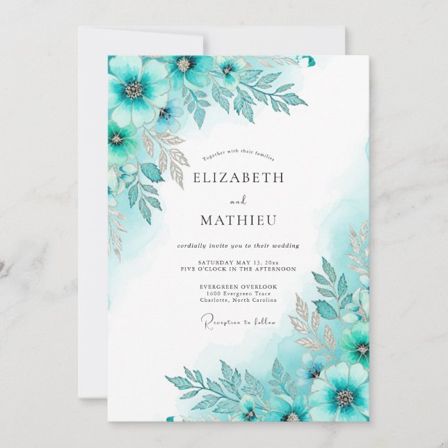 Invitation Teal Glacial Botanical Winter Wedding (Devant)
