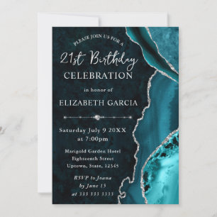 Invitation Teal & Glitter Argent Agate et marbre Anniversaire