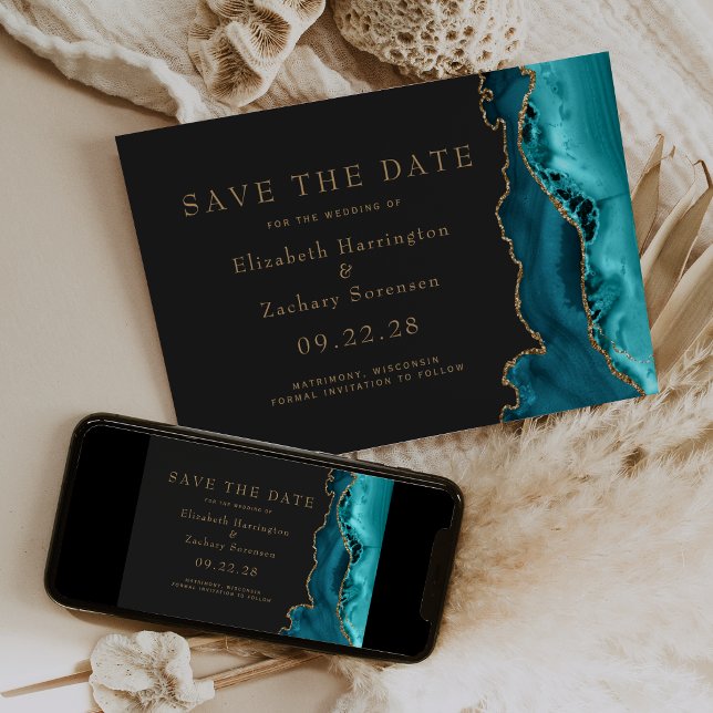 Invitation Teal Gold Agate Dark Save the Date (Créateur téléchargé)