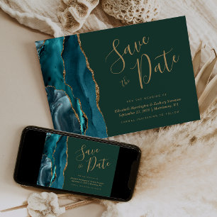Invitation Teal Gold Agate Emerald Vert Prévenez de la Date