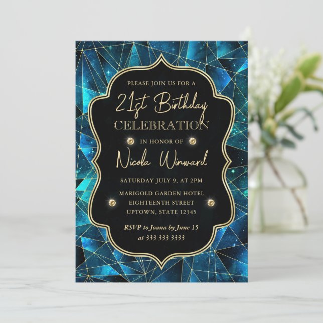 Invitation Teal & Gold Midnight Crystal Galaxy 21e Anniversai (Debout devant)