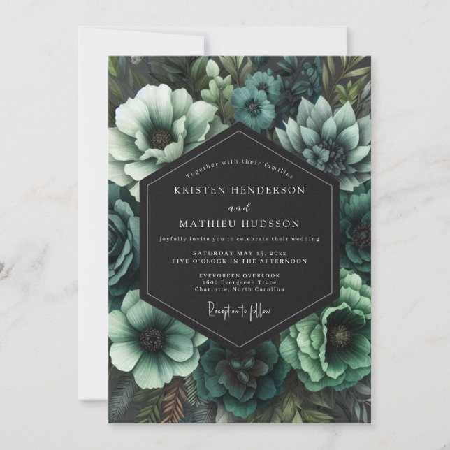 Invitation Teal Gothic Bloom Wedding (Devant)