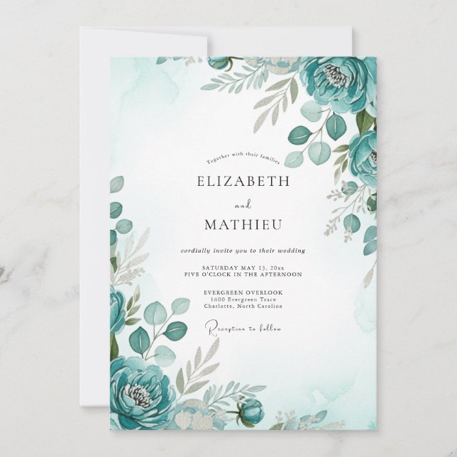 Invitation Teal Graceful Watercolor Wedding (Devant)