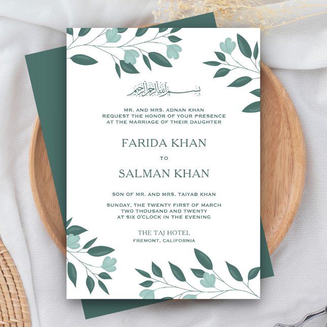 Invitation Teal Green Branch Islamic Muslim Wedding (Créateur téléchargé)
