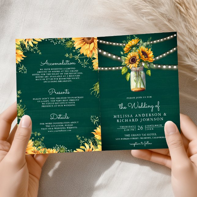 Invitation Teal Green Sunflowers Mason Jar QR Code Wedding (Créateur téléchargé)