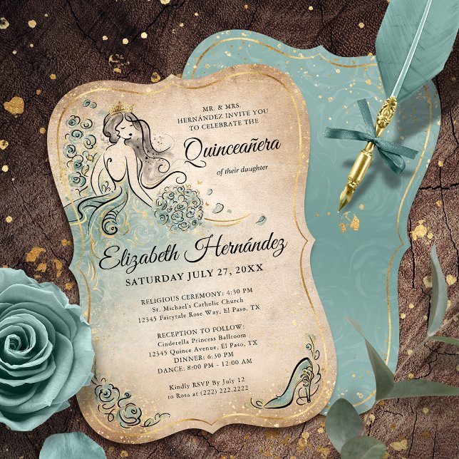 Invitation Teal Light Sage Seafoam Gold Princess Birthday (Unique seafoam sage green gold princess birthday invitations that will bring your fairytale to life!)