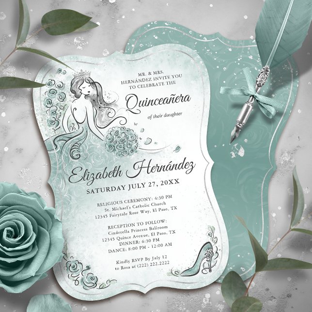 Invitation Teal Light Sage Seafoam Princess Quince Birthday (Unique princess quinceanera invitations in soft shades of teal, light sage, and seafoam green.)