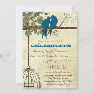 Invitation Teal Love Birds Sitting In a Tree Wedding Invite