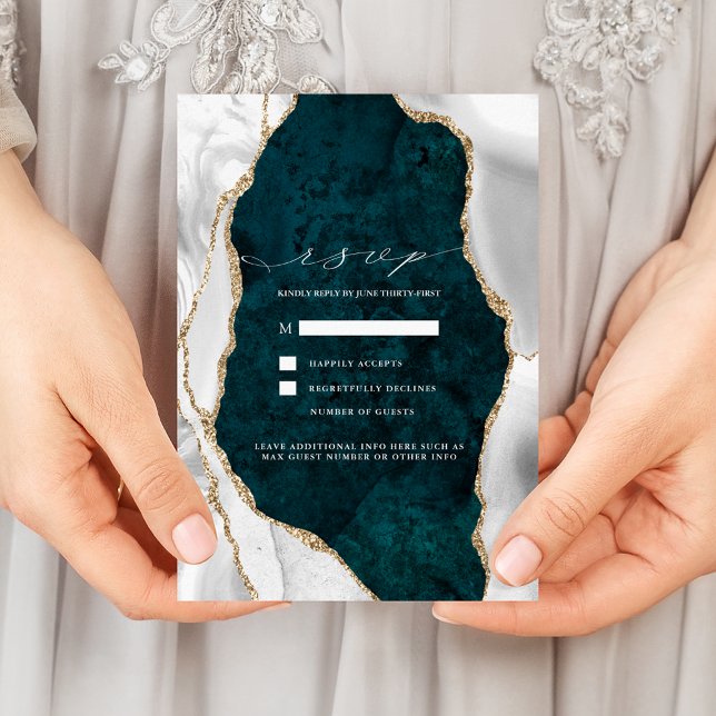 Invitation Teal Marble, White & Gold Agate Mariage RSVP (Créateur téléchargé)