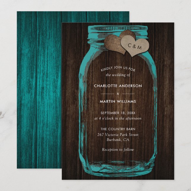 Invitation Teal Mason Jar Wood Monogram Burlap Hearts Wedding (Devant / Derrière)