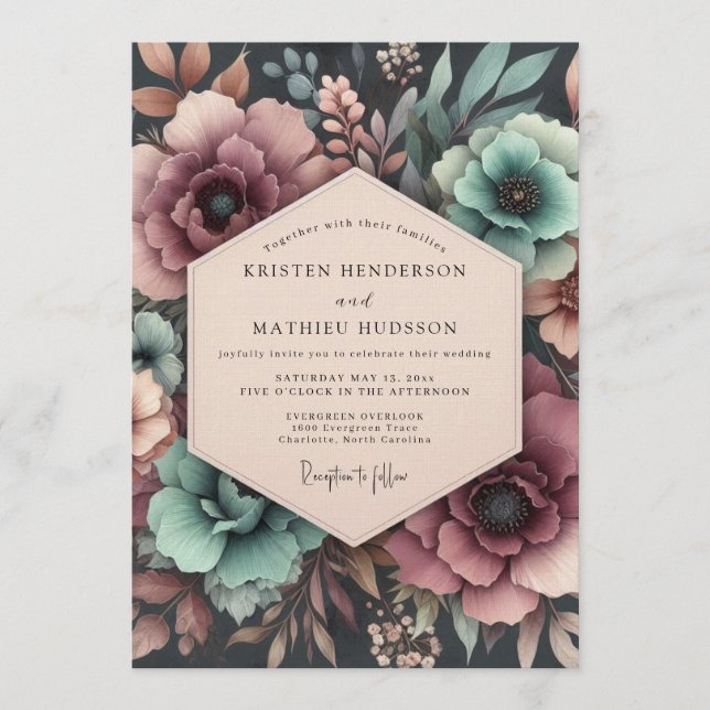 Invitation Teal & Mauve Moody Bloom Wedding (Devant)