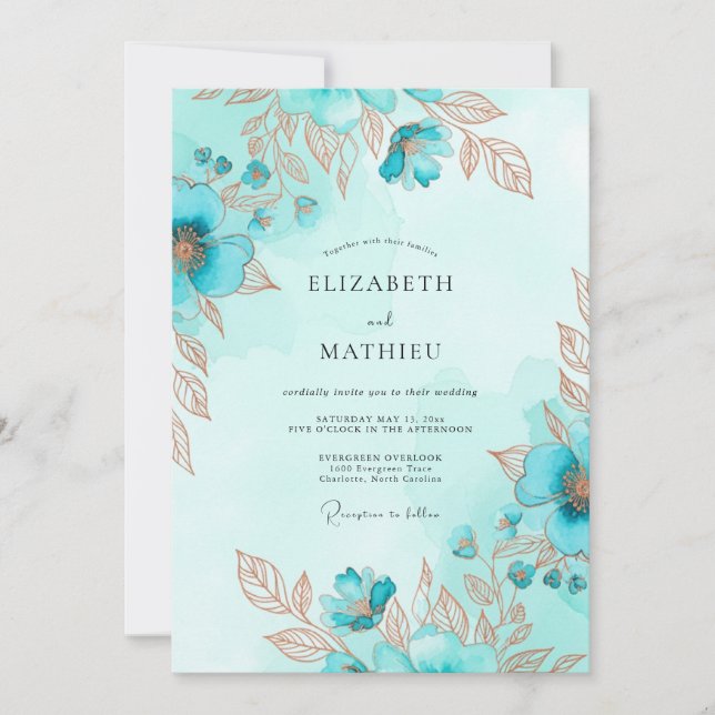 Invitation Teal Metallic Watercolor Coastal Wedding (Devant)