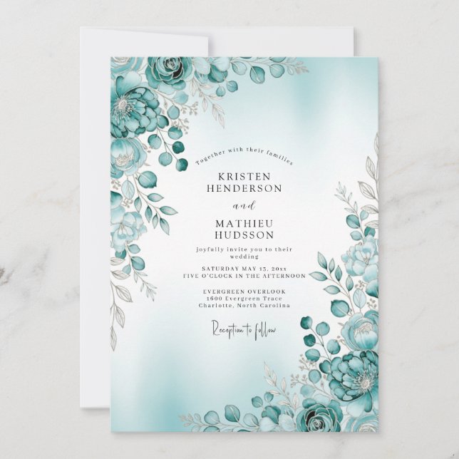Invitation Teal Misty Botanical Winter Wedding (Devant)