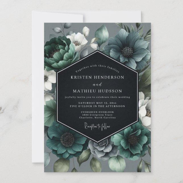 Invitation Teal Moody Bloom Wedding (Devant)