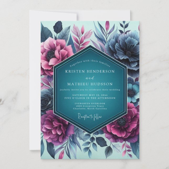 Invitation Teal Moody Floral Romance Wedding (Devant)