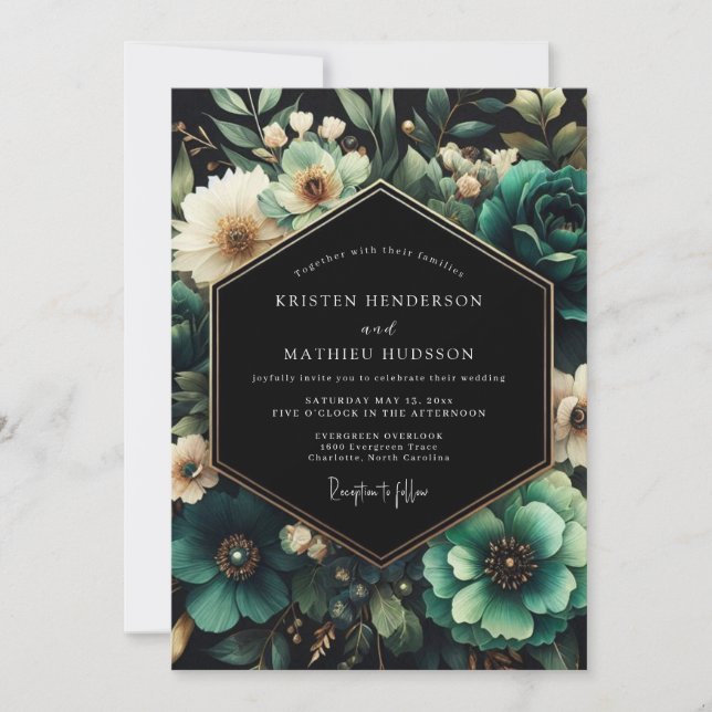 Invitation Teal Moody Floral Wedding (Devant)