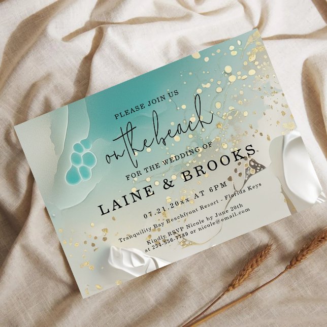 Invitation Teal Ocean Tide & Gold Ethereal Shoreline Wedding (Créateur téléchargé)