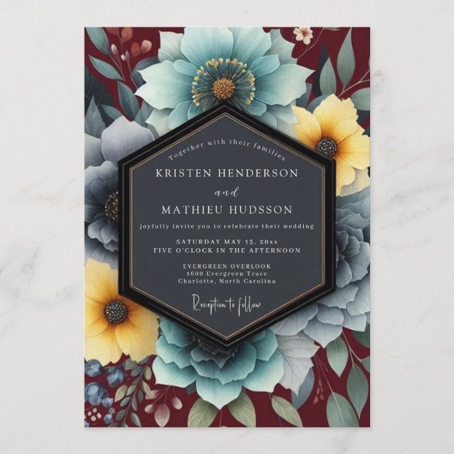 Invitation Teal & Ochre Bohemian Bloom Wedding (Devant)