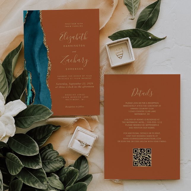 Invitation Teal Or Agate Orange Brûlé Rouille Code QR Mariage (Créateur téléchargé)
