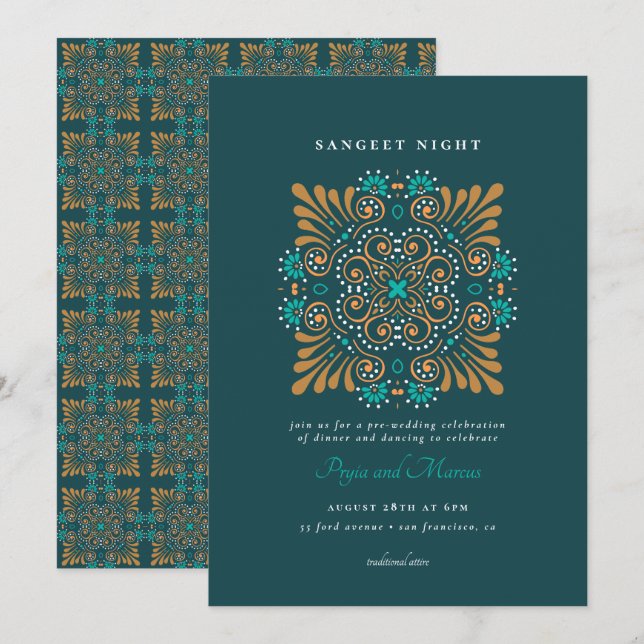 Invitation Teal Or Blanc Mandala Mehndi Sangeet (Devant / Derrière)