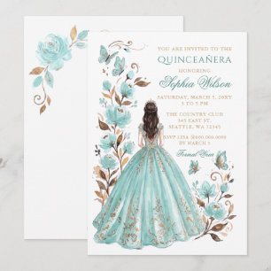 Invitation Teal Or Princess Floral Papillon Quinceañera