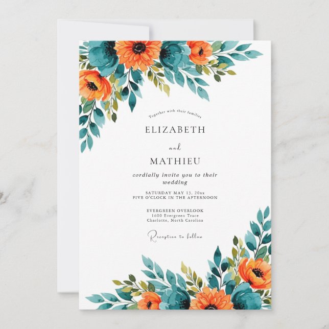 Invitation Teal Orange Spectacular Summer Wedding (Devant)
