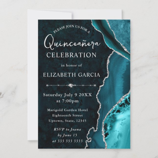 Invitation Teal & Pailleté d'Argent Agate Quinceanera (Devant)