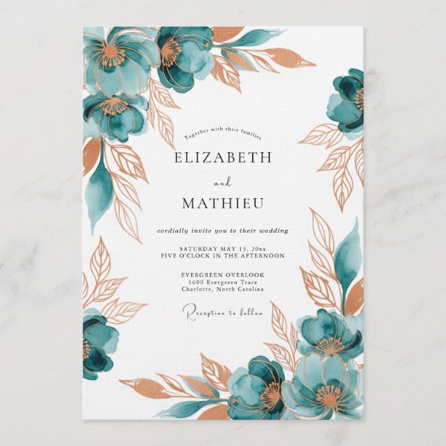 Invitation Teal Painterly Floral Romance Wedding (Devant)