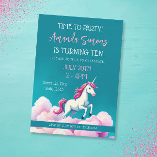 Invitation Teal Pastel Clouds Unicorn Girl 10th Birthday