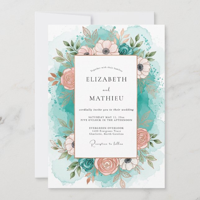 Invitation Teal Peach Graceful Coastal Wedding (Devant)