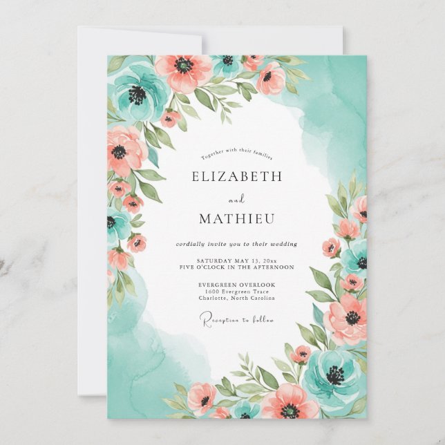 Invitation Teal Peach Heavenly Spring Wedding (Devant)