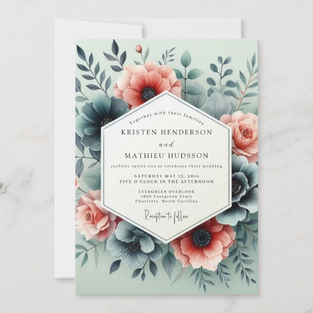 Invitation Teal Peach Somber Bloom Wedding (Devant)