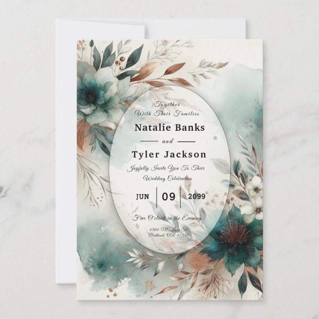 Invitation Teal Petals in Bronze Bloom Wedding (Devant)
