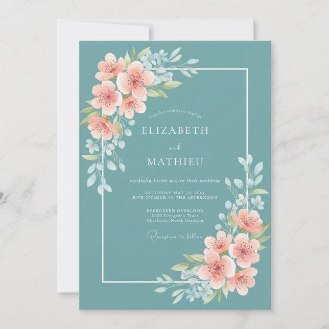 Invitation Teal Poetic Blossom Wedding (Devant)