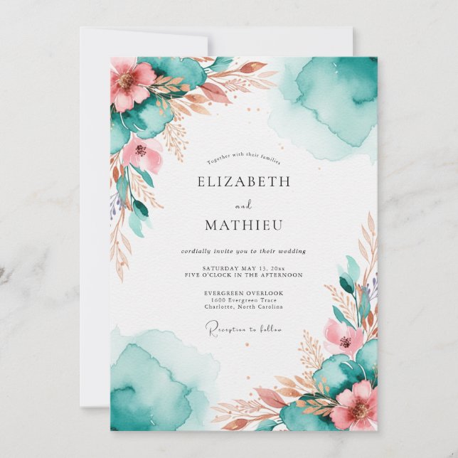 Invitation Teal Resplendent Watercolor Wedding (Devant)