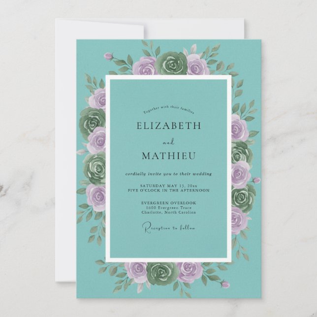 Invitation Teal Rose Botanical Bliss Wedding (Devant)