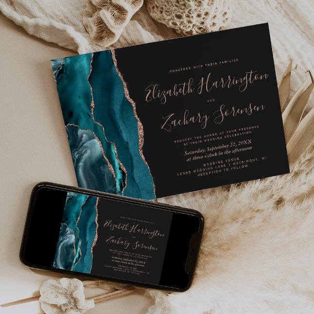 Invitation Teal Rose Gold Agate Dark Horizontal Wedding (Créateur téléchargé)