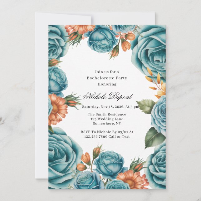 Invitation Teal Roses and Orange Floral Bachelorette Party (Devant)