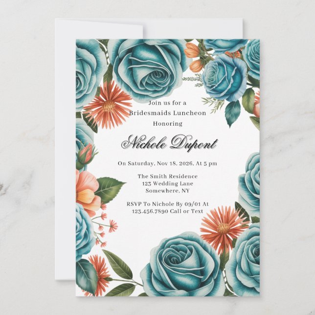 Invitation Teal Roses and Orange Floral Bridesmaids Luncheon (Devant)