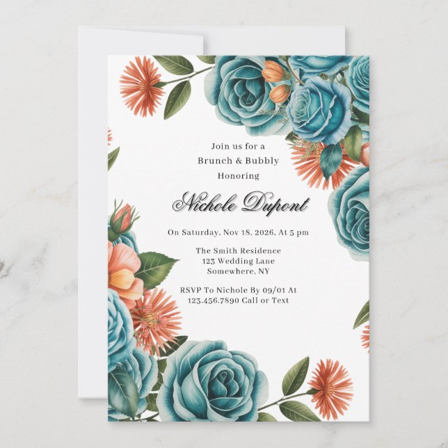 Invitation Teal Roses and Orange Floral Brunch & Bubbly (Devant)
