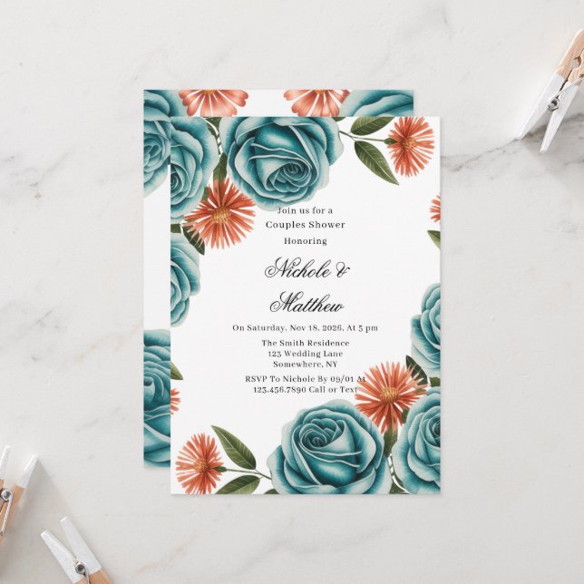 Invitation Teal Roses and Orange Floral Couples Shower (Devant/Arrière en situation)