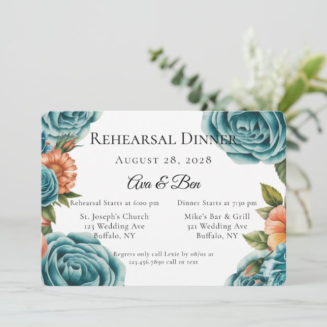 Invitation Teal Roses and Orange Floral Rehearsal Dinner (Debout devant)
